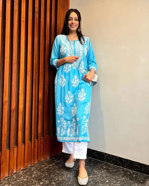 Original_Chikankari_Kurti_Set_With_Pant_Lucknow_Artisan_Craft_Firozi_Blue