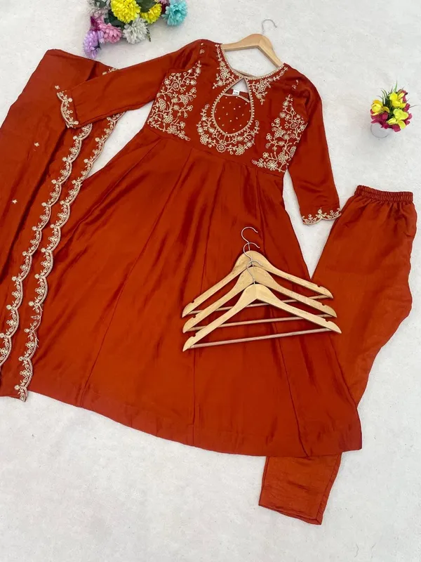 New_Trendy_Anarkali_Designers_Kurti_Pent_Set_Rust_Orange