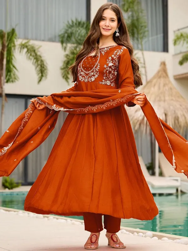 New_Trendy_Anarkali_Designers_Kurti_Pent_Set_Rust_Orange