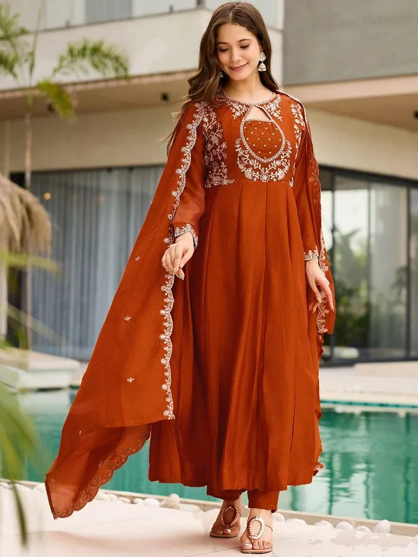 New_Trendy_Anarkali_Designers_Kurti_Pent_Set_Rust_Orange