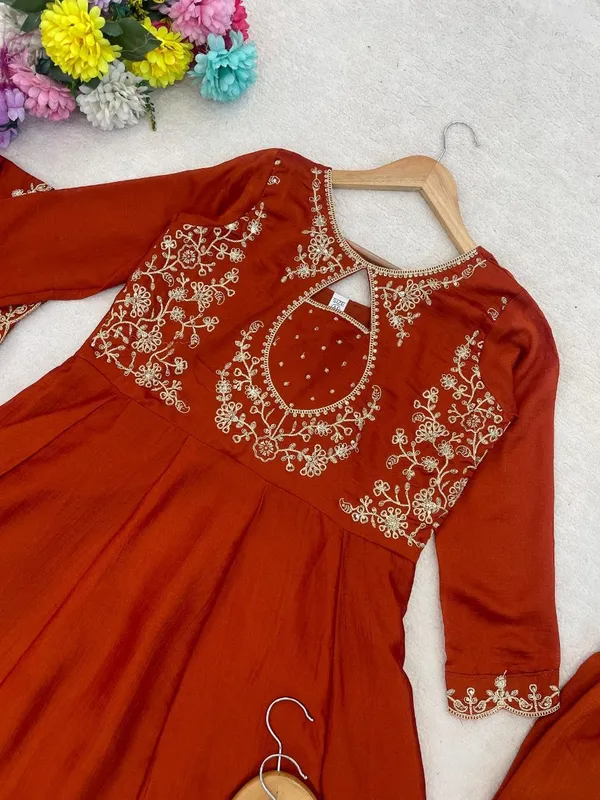 New_Trendy_Anarkali_Designers_Kurti_Pent_Set_Rust_Orange