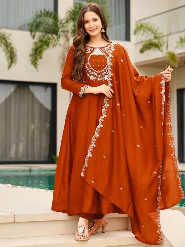 New_Trendy_Anarkali_Designers_Kurti_Pent_Set_Rust_Orange