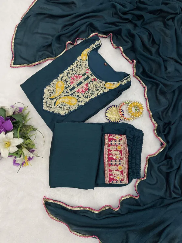 Women's_Vichhitra_Silk_Embroidered__Line_Kurta_With_Pant_And_Dupatta_Set_Teal_Green