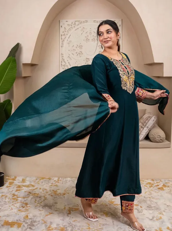 Women's_Vichhitra_Silk_Embroidered__Line_Kurta_With_Pant_And_Dupatta_Set_Teal_Green