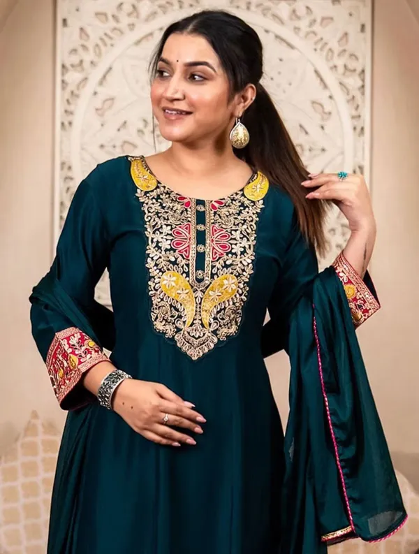 Women's_Vichhitra_Silk_Embroidered__Line_Kurta_With_Pant_And_Dupatta_Set_Teal_Green