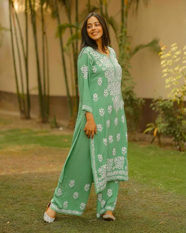 Premium_Lucknowi_Chikankari_Kurta_Pant_Set_For_Women_Mint_Green