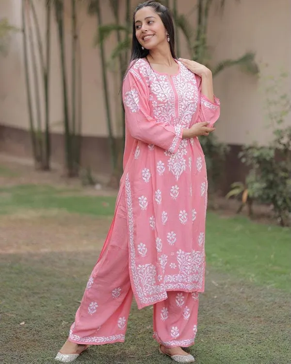 Premium_Lucknowi_Chikankari_Kurta_Pant_Set_For_Women_PINK