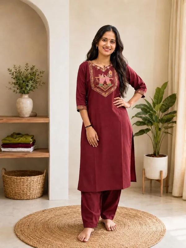 Bansari_Premium_Cotton_Kurta_Set_For_Women_Maroon