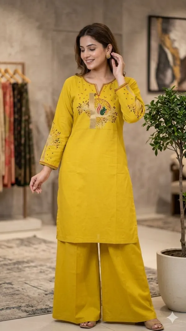 The_Aadya_Ivory_Embroidered_Kurta_Set_Tree_Bird_Motif_Yellow