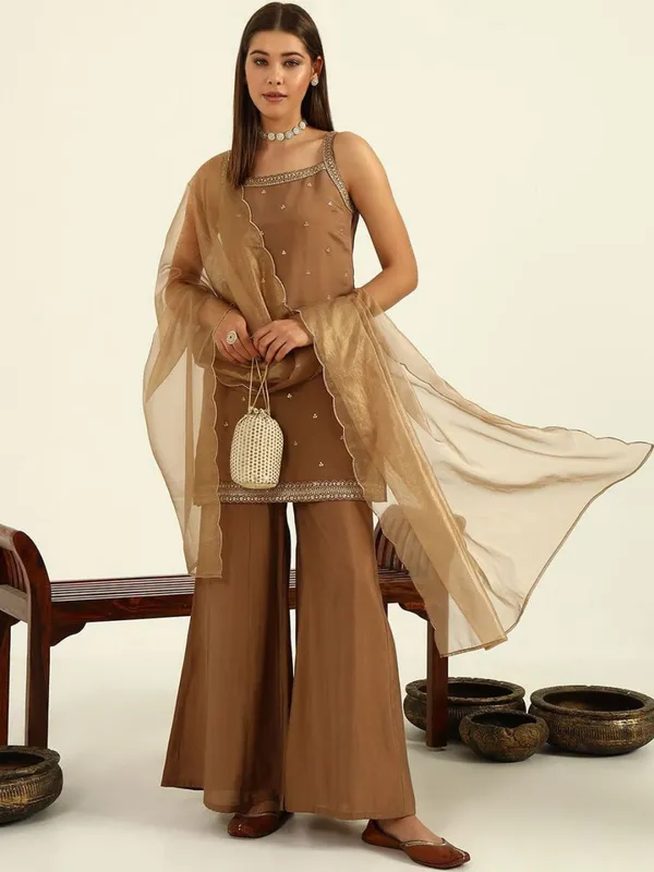 Festive_Tan_Brown_3_Piece_Sharara_Suit_Set_With_Gota_Patti_Work_Mocha_Brown
