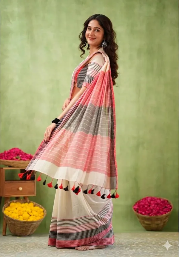 Traditional_Off_White_Saree_With_Striped_Pallu_And_Matching_Blouse_Piece