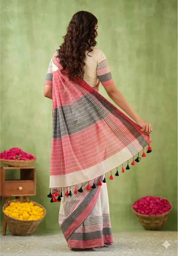 Traditional_Off_White_Saree_With_Striped_Pallu_And_Matching_Blouse_Piece