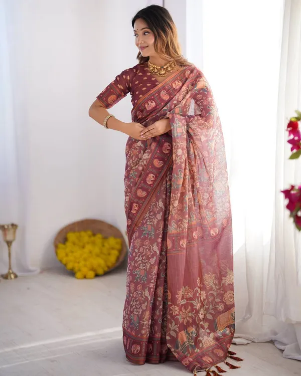 Premium_Wine_Maroon_Linen_Cotton_Saree_With_Elephant_Motif_Print_Designer_Border