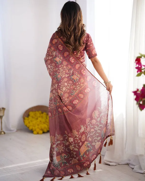 Premium_Wine_Maroon_Linen_Cotton_Saree_With_Elephant_Motif_Print_Designer_Border