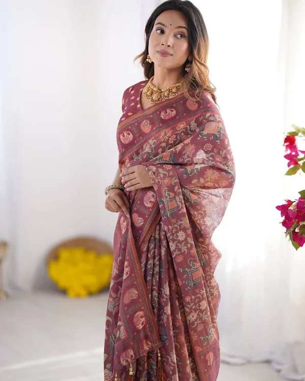 Premium_Wine_Maroon_Linen_Cotton_Saree_With_Elephant_Motif_Print_Designer_Border