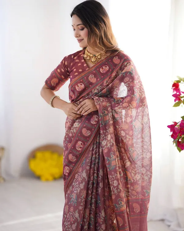 Premium_Wine_Maroon_Linen_Cotton_Saree_With_Elephant_Motif_Print_Designer_Border