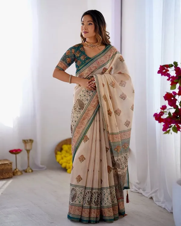 Elegant_Beige_Teal_Printed_Linen_Blend_Saree_With_Traditional_Border_Design