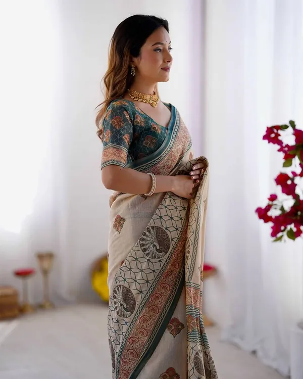 Elegant_Beige_Teal_Printed_Linen_Blend_Saree_With_Traditional_Border_Design