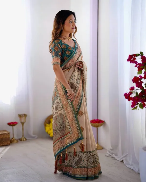 Elegant_Beige_Teal_Printed_Linen_Blend_Saree_With_Traditional_Border_Design