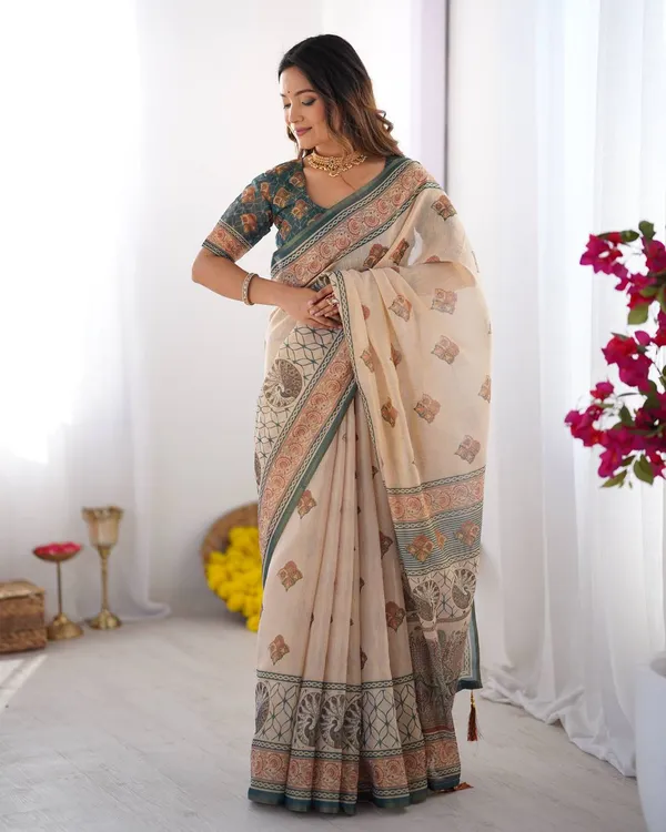 Elegant_Beige_Teal_Printed_Linen_Blend_Saree_With_Traditional_Border_Design