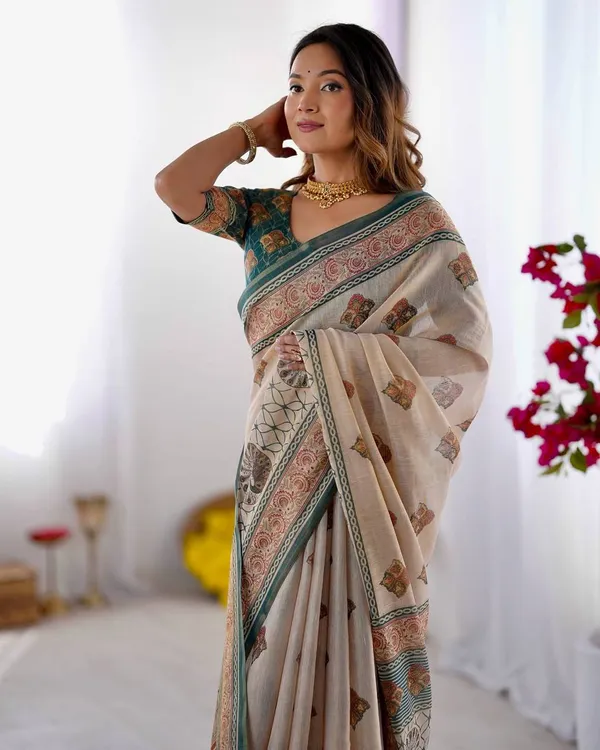 Elegant_Beige_Teal_Printed_Linen_Blend_Saree_With_Traditional_Border_Design