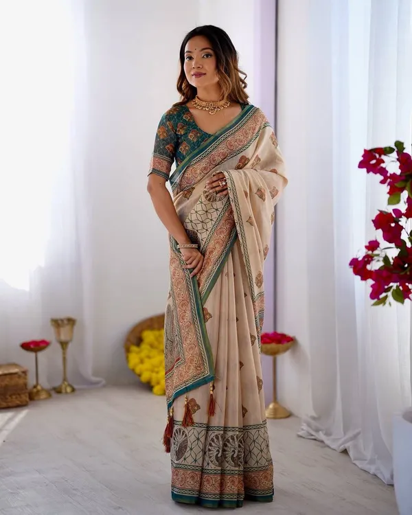 Elegant_Beige_Teal_Printed_Linen_Blend_Saree_With_Traditional_Border_Design