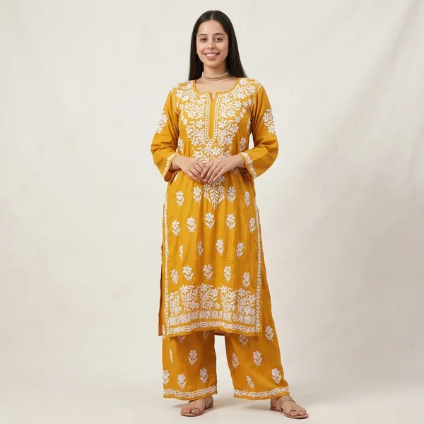 Premium_Lucknowi_Chikankari_Kurta_Pant_Set_For_Women_Yellow