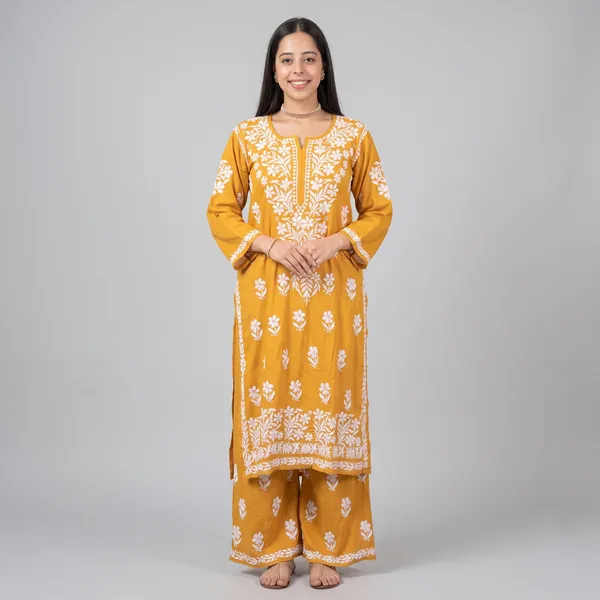 Premium_Lucknowi_Chikankari_Kurta_Pant_Set_For_Women_Yellow