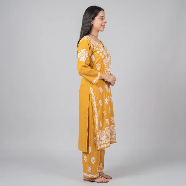Premium_Lucknowi_Chikankari_Kurta_Pant_Set_For_Women_Yellow
