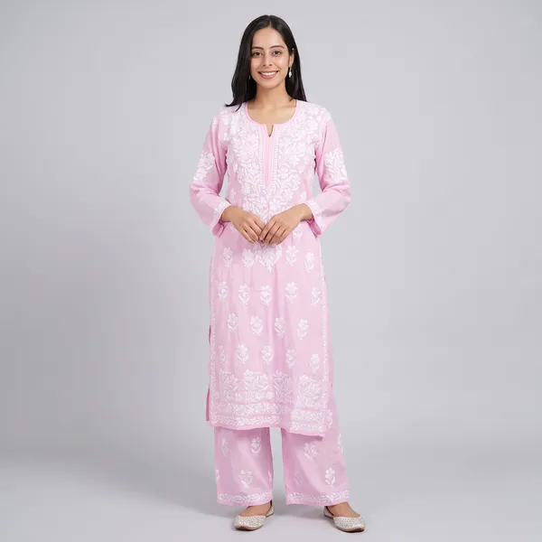 Premium_Lucknowi_Chikankari_Kurta_Pant_Set_For_Women_Baby_Pink