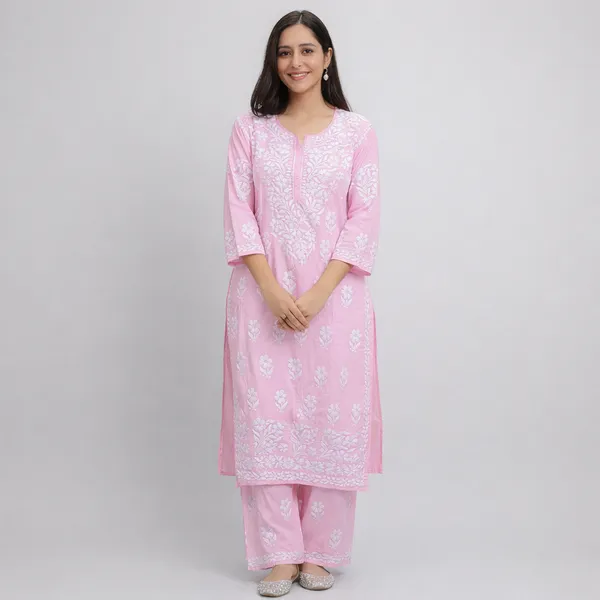 Premium_Lucknowi_Chikankari_Kurta_Pant_Set_For_Women_Baby_Pink