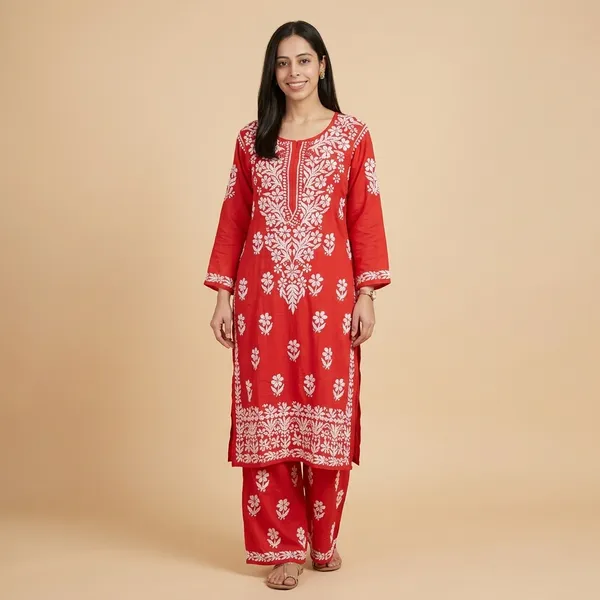 Premium_Lucknowi_Chikankari_Kurta_Pant_Set_For_Women_Red