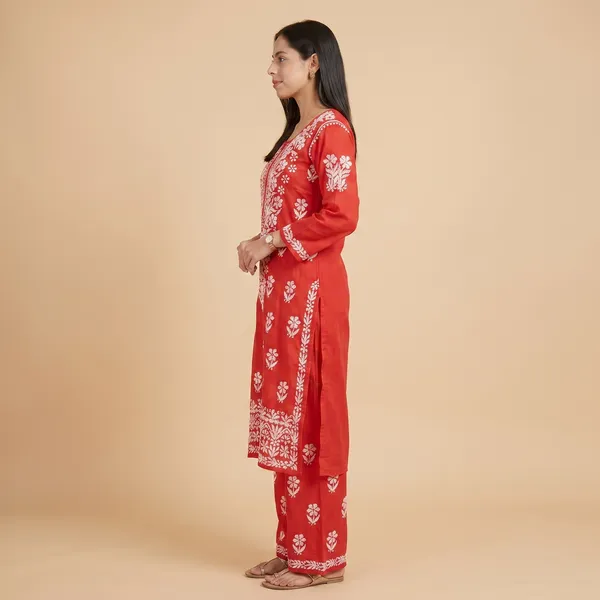 Premium_Lucknowi_Chikankari_Kurta_Pant_Set_For_Women_Red