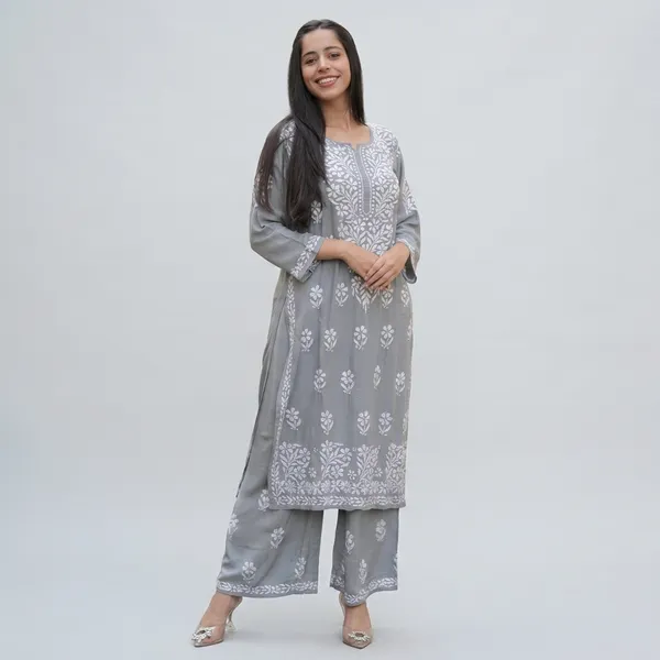 Premium_Lucknowi_Chikankari_Kurta_Pant_Set_For_Women_Grey