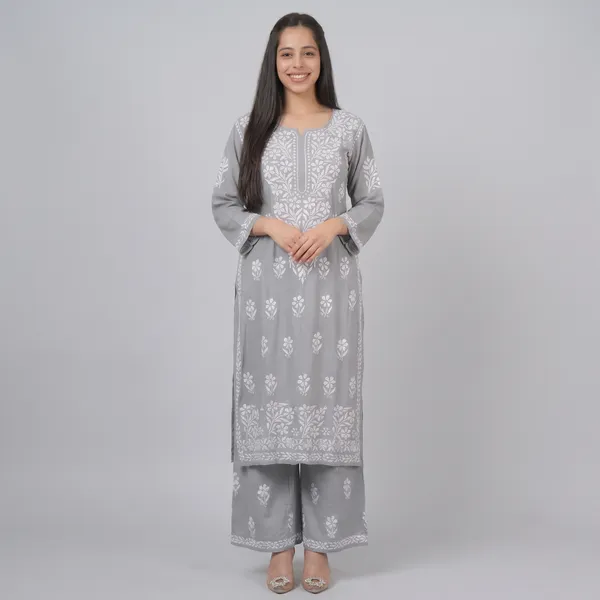 Premium_Lucknowi_Chikankari_Kurta_Pant_Set_For_Women_Grey