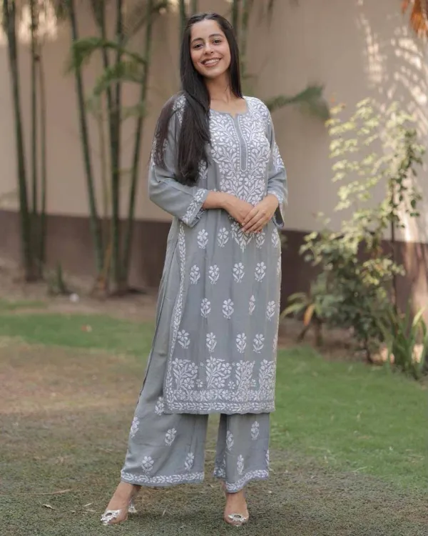 Premium_Lucknowi_Chikankari_Kurta_Pant_Set_For_Women_Grey