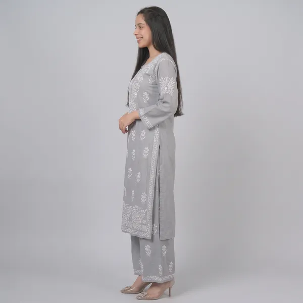 Premium_Lucknowi_Chikankari_Kurta_Pant_Set_For_Women_Grey