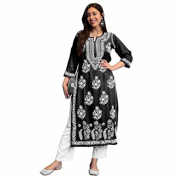 Original_Chikankari_Kurti_Set_With_Pant_Lucknow_Artisan_Craft_Black