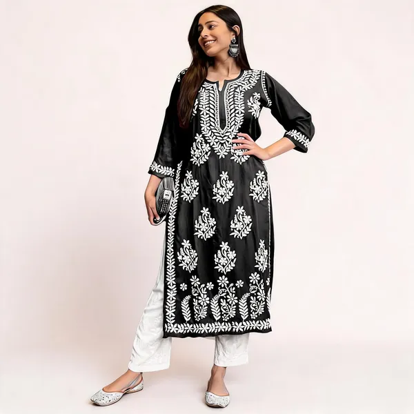 Original_Chikankari_Kurti_Set_With_Pant_Lucknow_Artisan_Craft_Black