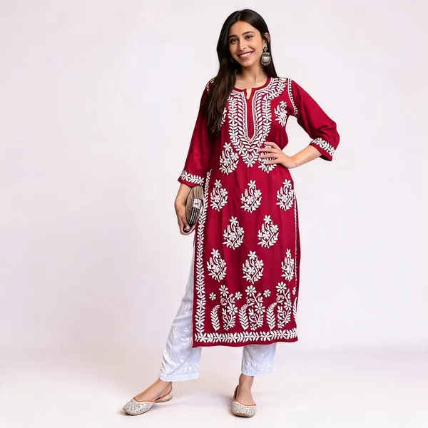 Original_Chikankari_Kurti_Set_With_Pant_Lucknow_Artisan_Craft_Maroon_And_White
