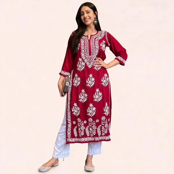Original_Chikankari_Kurti_Set_With_Pant_Lucknow_Artisan_Craft_Maroon_And_White