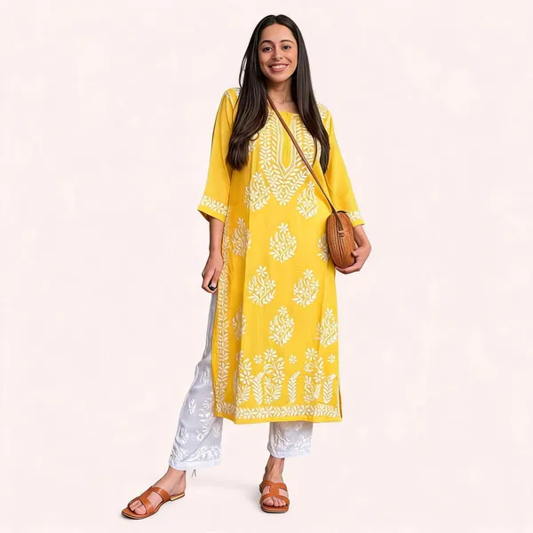 Original_Chikankari_Kurti_Set_With_Pant_Lucknow_Artisan_Craft_Lemon_Yellow