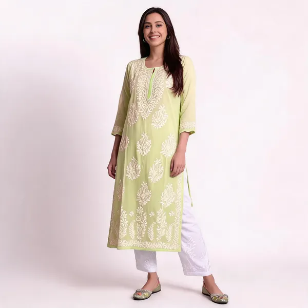 Original_Chikankari_Kurti_Set_With_Pant_Lucknow_Artisan_Craft_Lime_Green