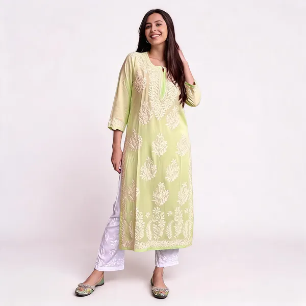 Original_Chikankari_Kurti_Set_With_Pant_Lucknow_Artisan_Craft_Lime_Green