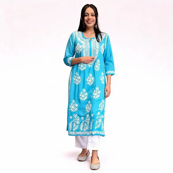 Original_Chikankari_Kurti_Set_With_Pant_Lucknow_Artisan_Craft_Firozi_Blue