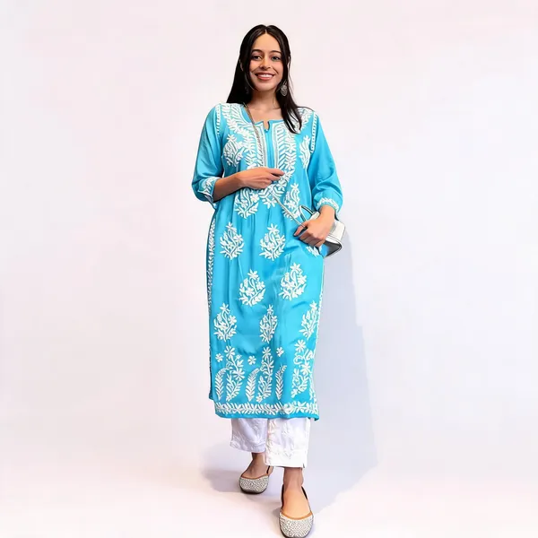 Original_Chikankari_Kurti_Set_With_Pant_Lucknow_Artisan_Craft_Firozi_Blue