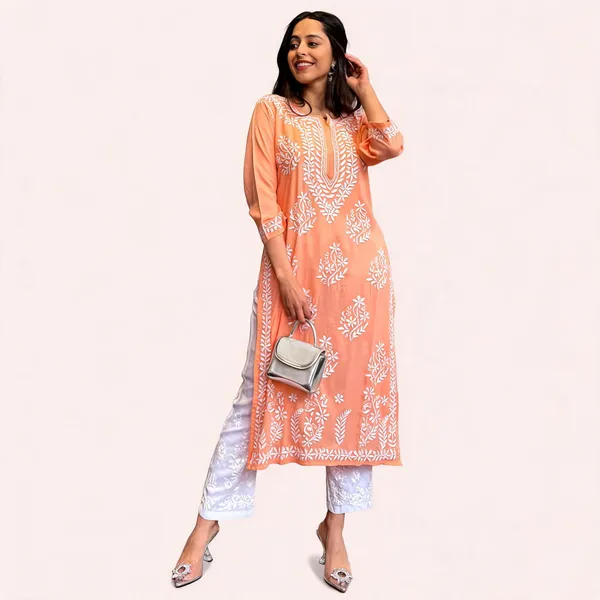 Original_Chikankari_Kurti_Set_With_Pant_Lucknow_Artisan_Craft_Peach
