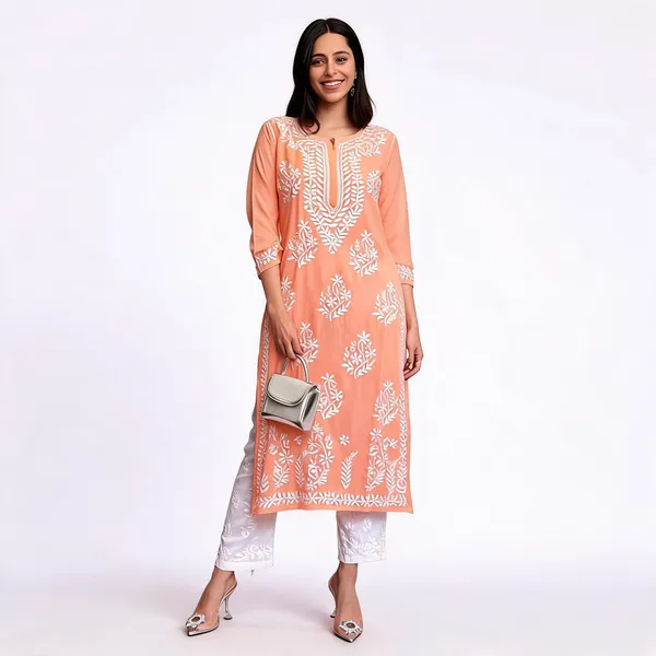 Original_Chikankari_Kurti_Set_With_Pant_Lucknow_Artisan_Craft_Peach