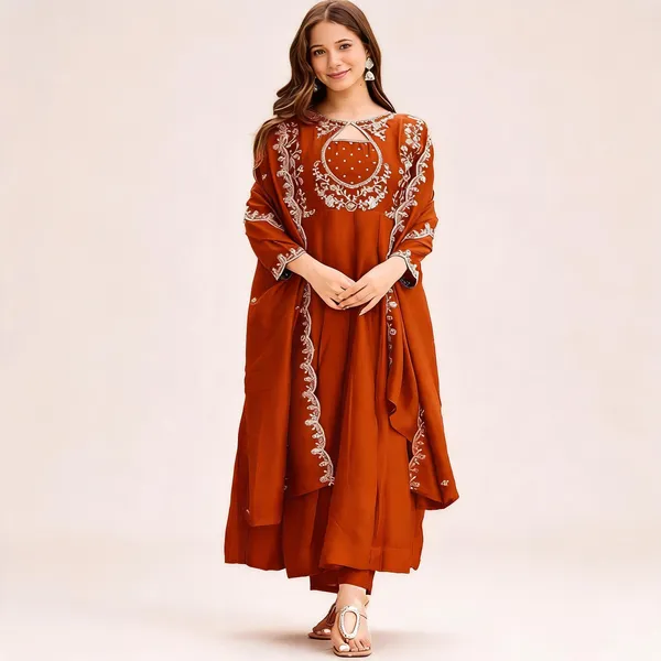 New_Trendy_Anarkali_Designers_Kurti_Pent_Set_Rust_Orange