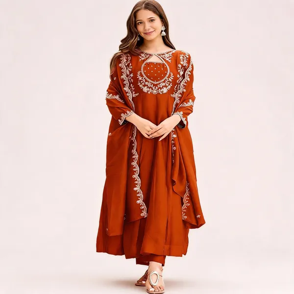 New_Trendy_Anarkali_Designers_Kurti_Pent_Set_Rust_Orange